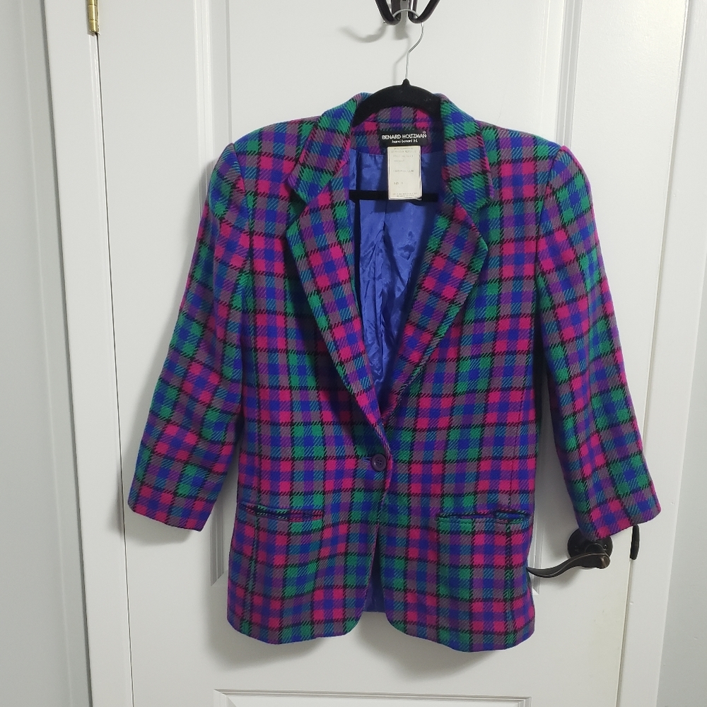VINTAGE BENARD HOLTZMAN 100% Wool Blue Plaid Blazer Jacket